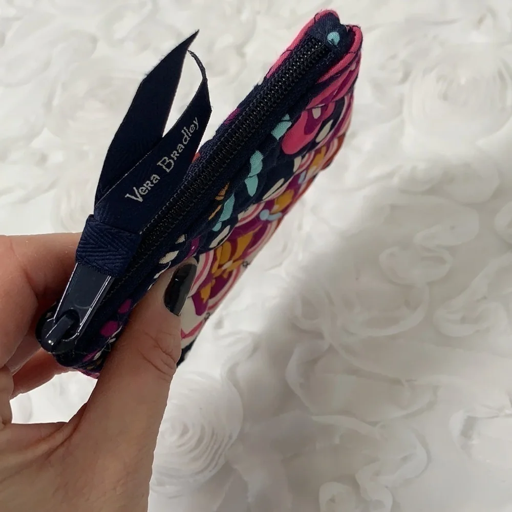 Vera Bradley Small Quilted Zip Pouch-Navy Blue/Purple/Pink /White, 5”x4”